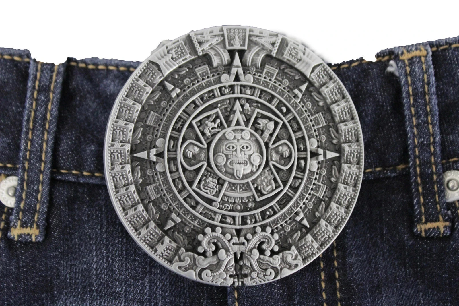 Men Women Belt Buckle Dark Silver Metal Western Fashion Aztec Calendar Mayan