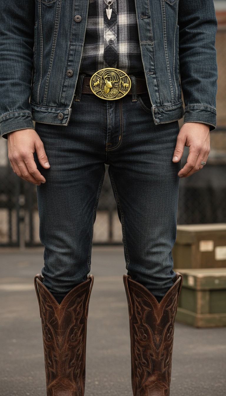 Men Dark Gold Metal Belt Buckle Deer Nature Western Fashion Accessory Day Night