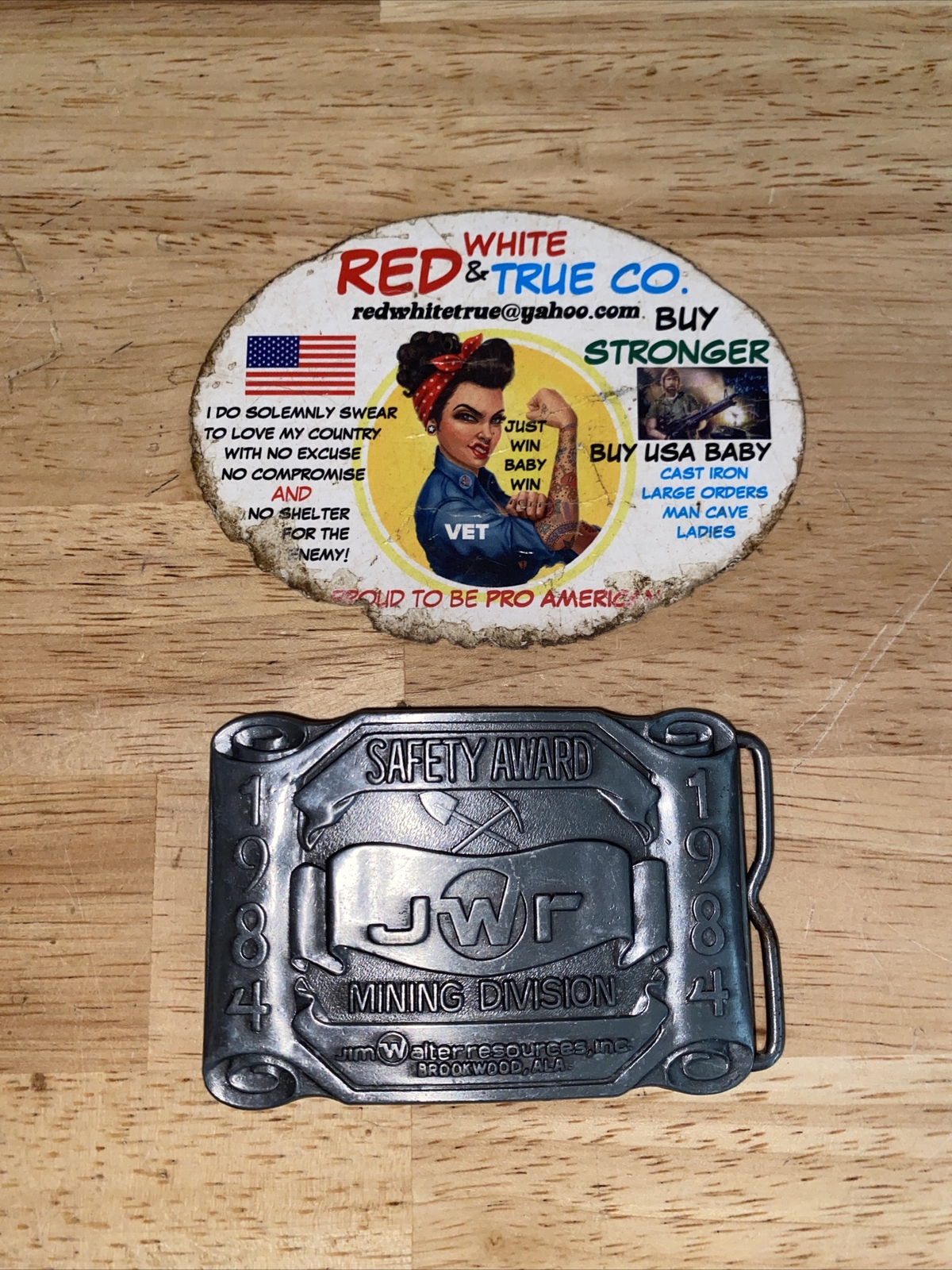 Mining Belt Buckle Collector METAL Original 1984 Safety Award Patina Miner USA