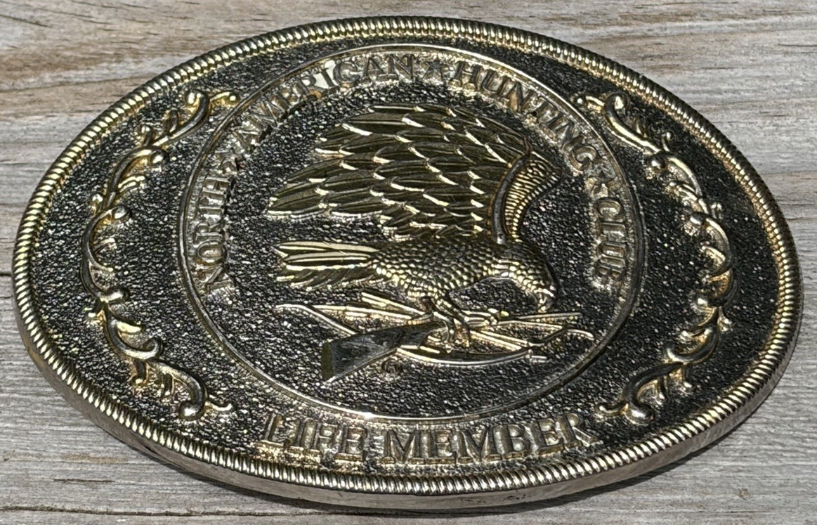 Vtg North American Hunting Club Wings of Gold Brass Belt Buckle Life Member READ