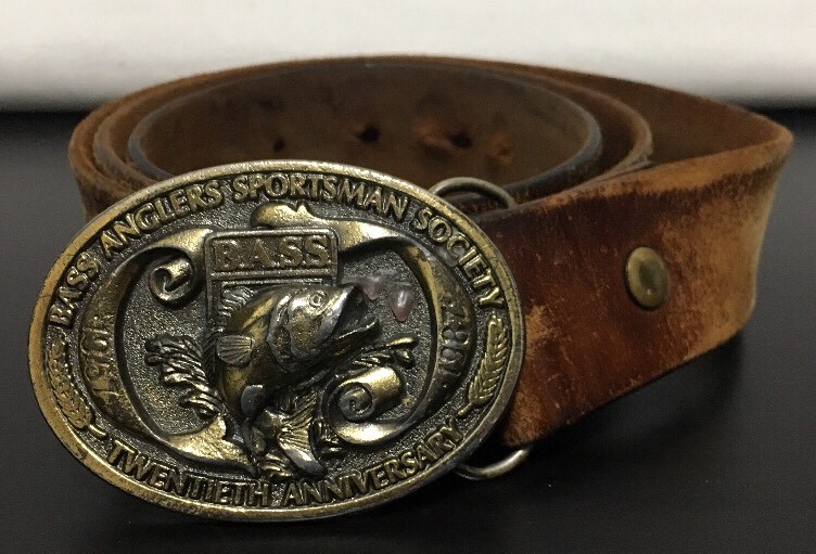 BASS ANGLERS SPORTSMAN SOCIETY BRASS Belt Buckle Tooled Leather 20th Anniversary