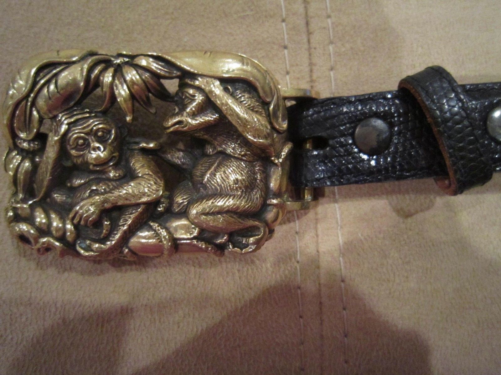 Rare! Kieselstein-Cord Art Bronze Jungle Monkey Buckle/ Black Lizard Belt Size 3