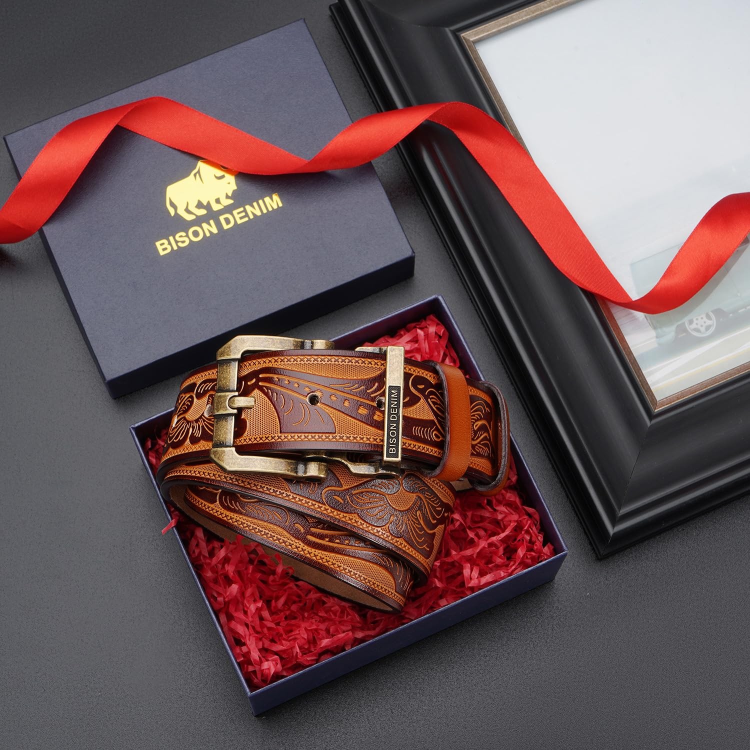BISON DENIM Men&rsquo;s Genuine Leather Belt, 33&Prime;-36&Prime;, Golden Buckle-brown Belt