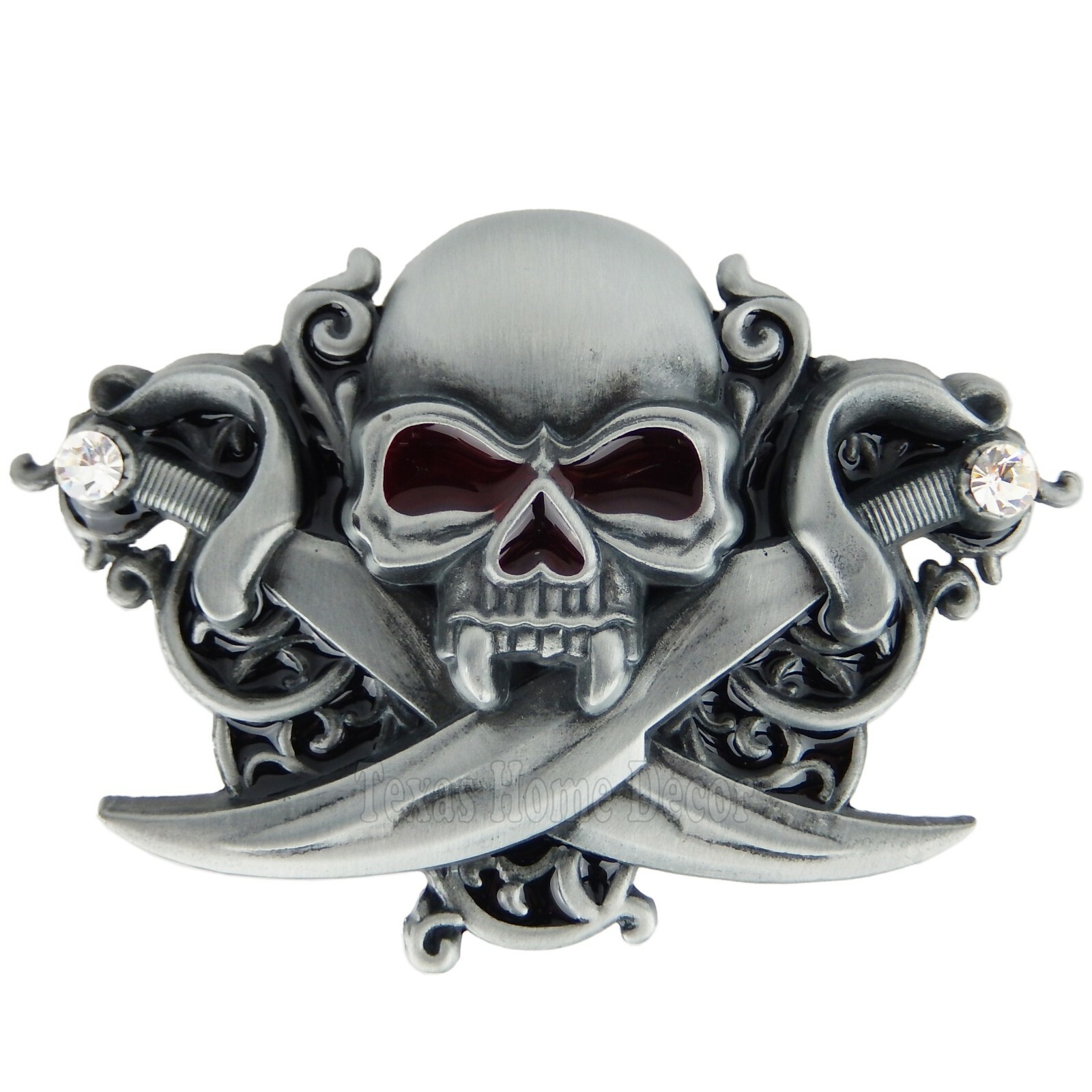 Skull Swords Men&rsquo;s Belt Buckle Antique Silver Finish Enamel Inlay Fits 1.5&Prime; Belt