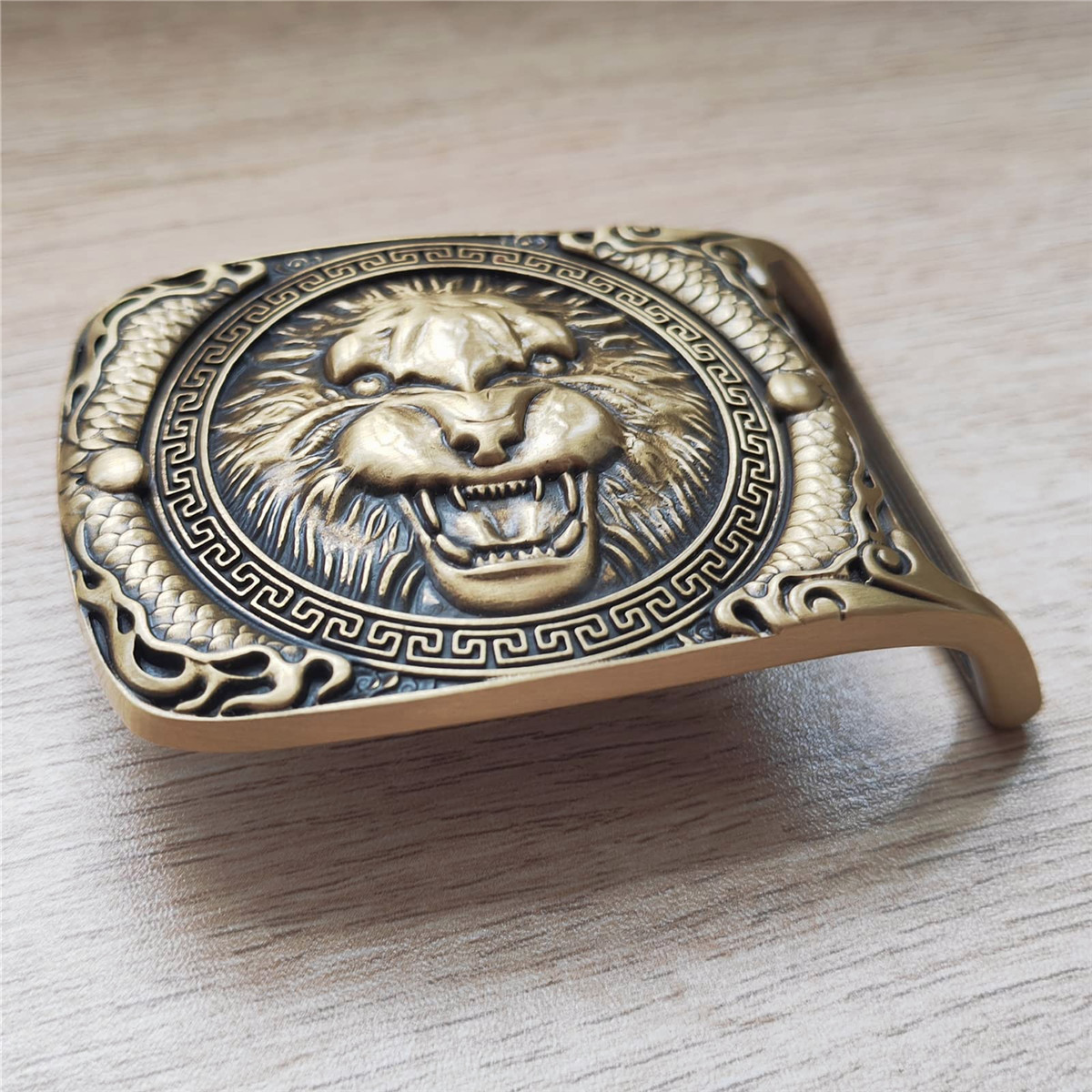 Green Eyes` Lion Head Solid Brass Belt Buckle Western Cowboy Vintage Antique