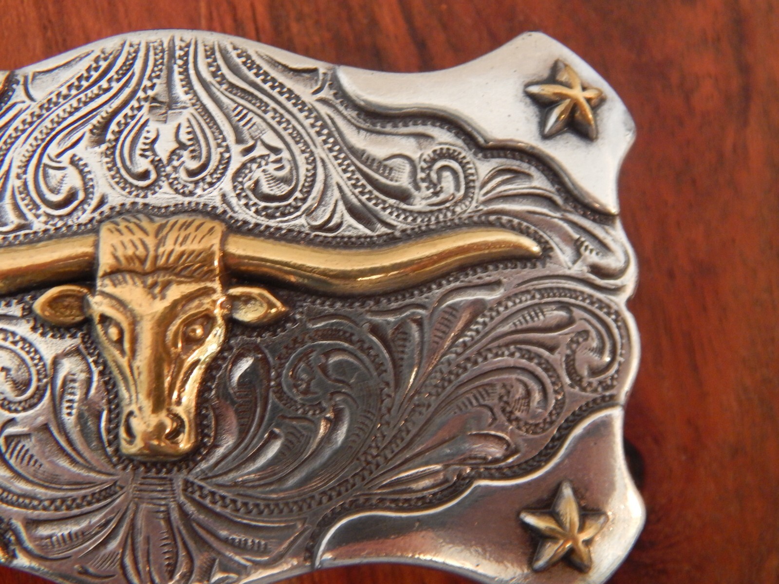 Silver Tone Metal Belt Buckle, Gold Tone Long Horn Steer Image SHIPS FREE