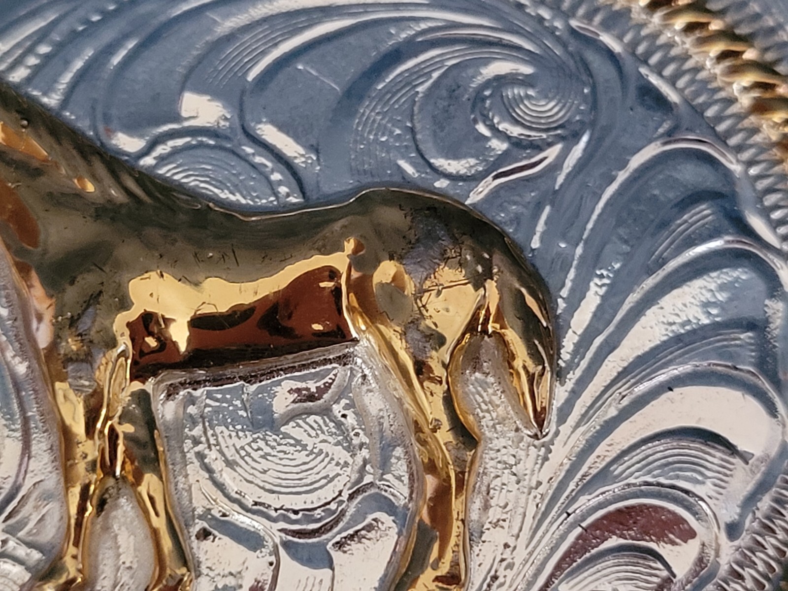JUSTIN Silver Mexico Engraved Belt Buckle With Gilt Horse Motif