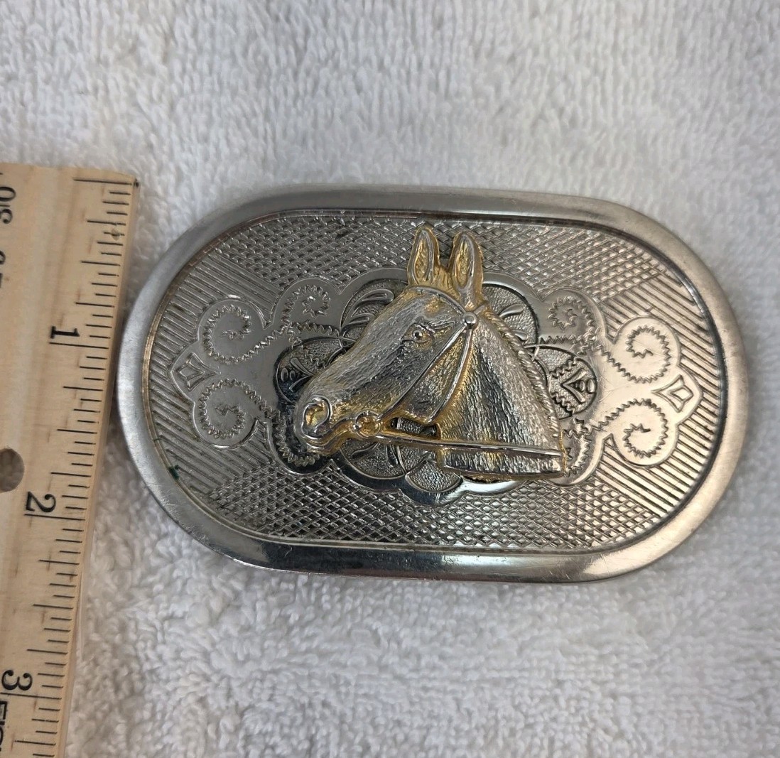 Silver & Bronze Color Belt Buckle 3D Horse Head Design Cowboy Western Rodeo