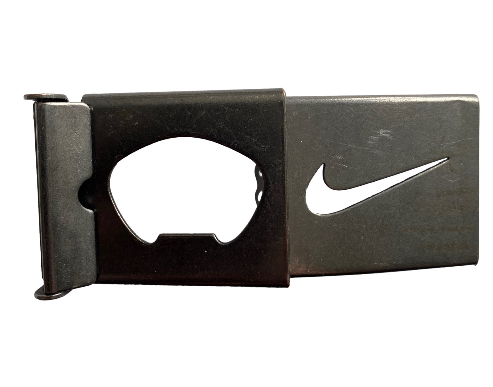 Nike Gun Metal Belt Buckle Cutout Swoosh Logo SilverTone Beer Opener 2.5×1.75”
