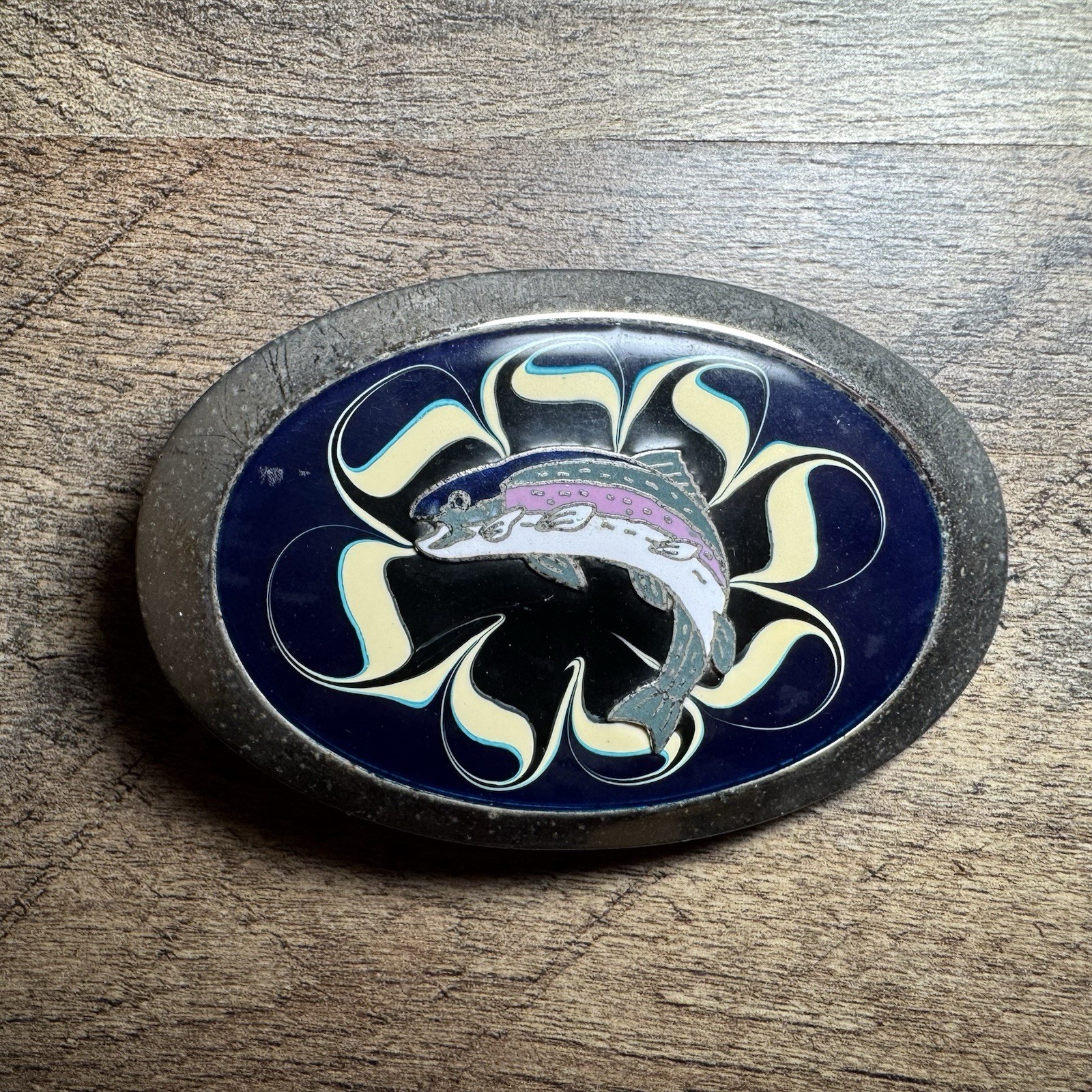 Unbranded Trout Belt Buckle Mens OS Blue Good Vintage Enamel Fishing Oval