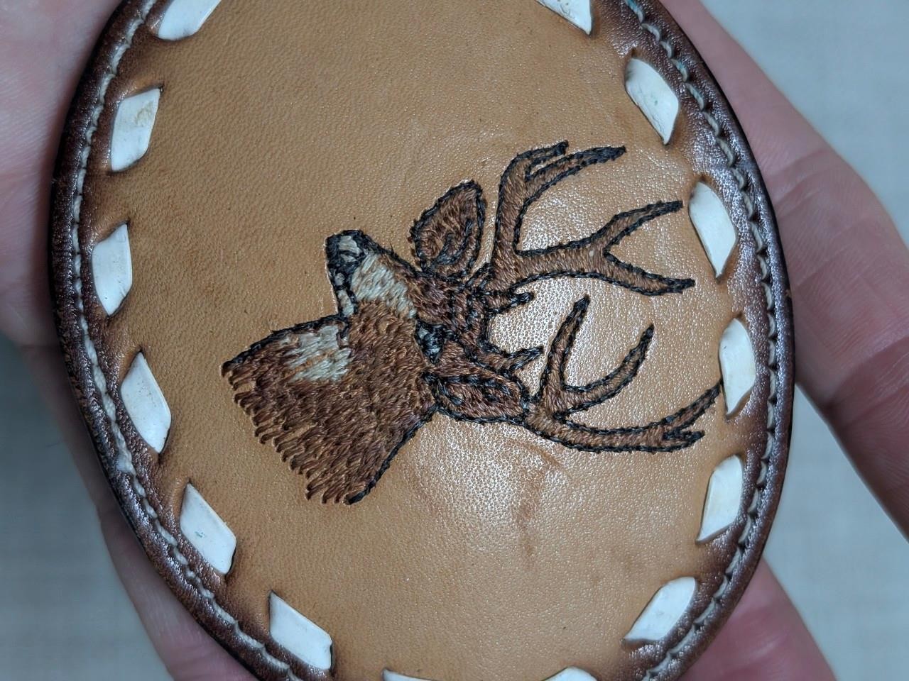 vintage DEER belt buckle STITCHED leather WESTERN handcrafted BIG BUCK brown