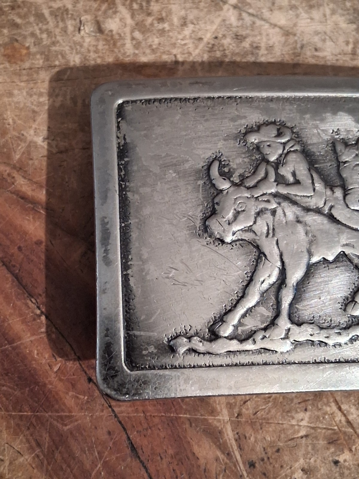 Vintage Belt Buckle Western Steer Wrestling Cowboy Rodeo Pressed 70s