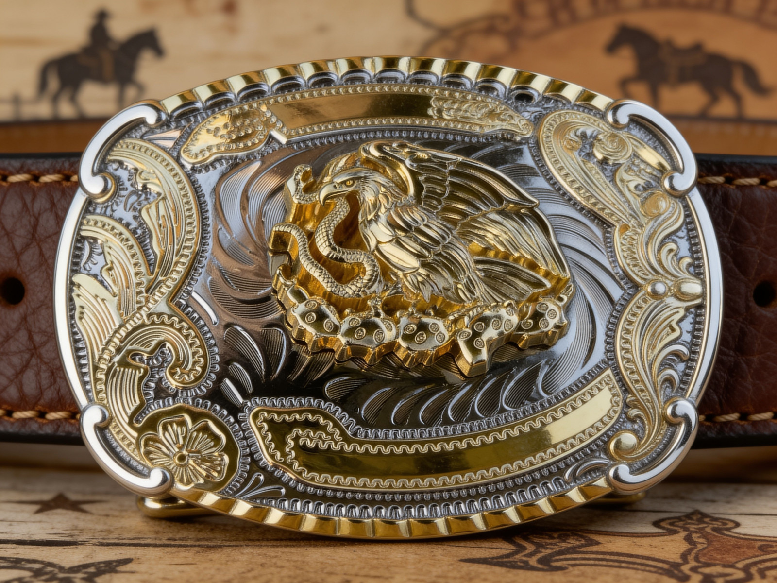 Mexican Eagle Belt Buckle Western Gold Silver Tone Hebilla Mexicana Cowboy Men