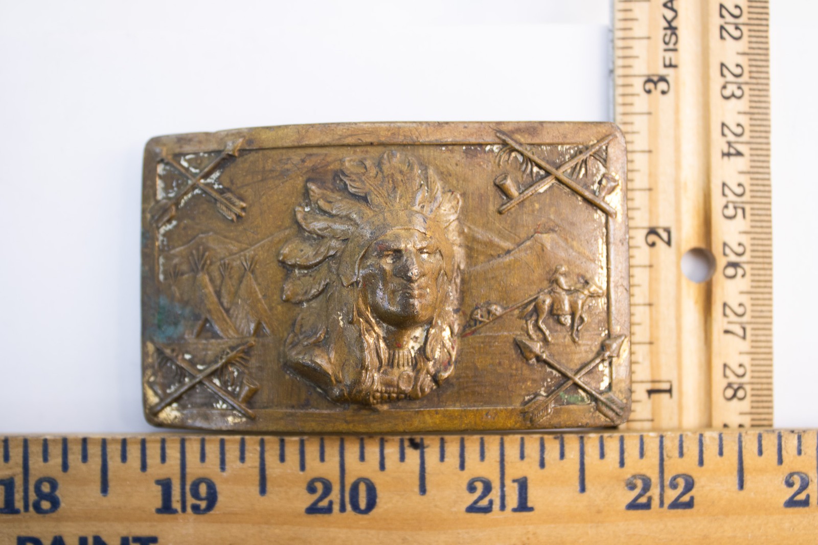 Antique 1940s Robbins Co Thoresen Native American Indian Chief Brass Belt Buckle