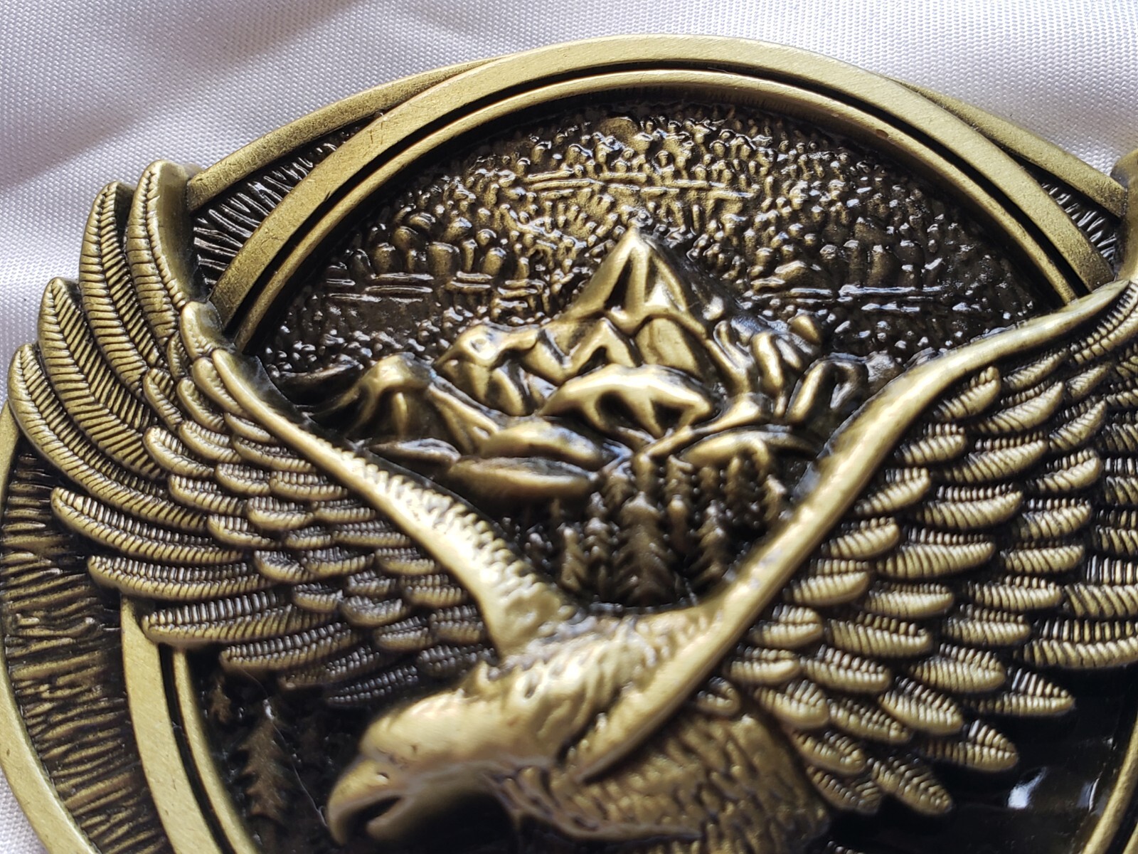 Bald Eagle Soaring 3D Image Aluminum Belt Buckle Golden Aged Bronze Color