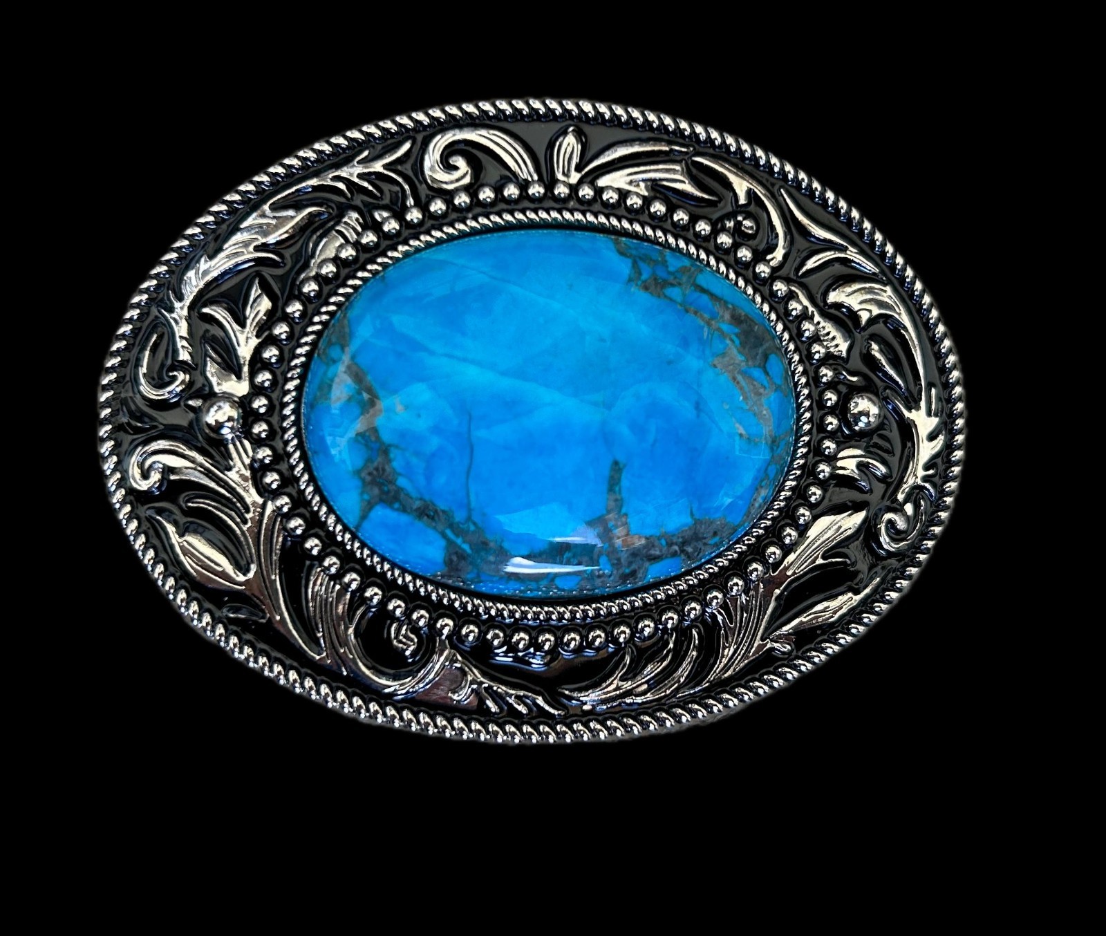 Silver Engraved Western Belt Buckle Aqua Genuine Stone Cowboy Rodeo Gift