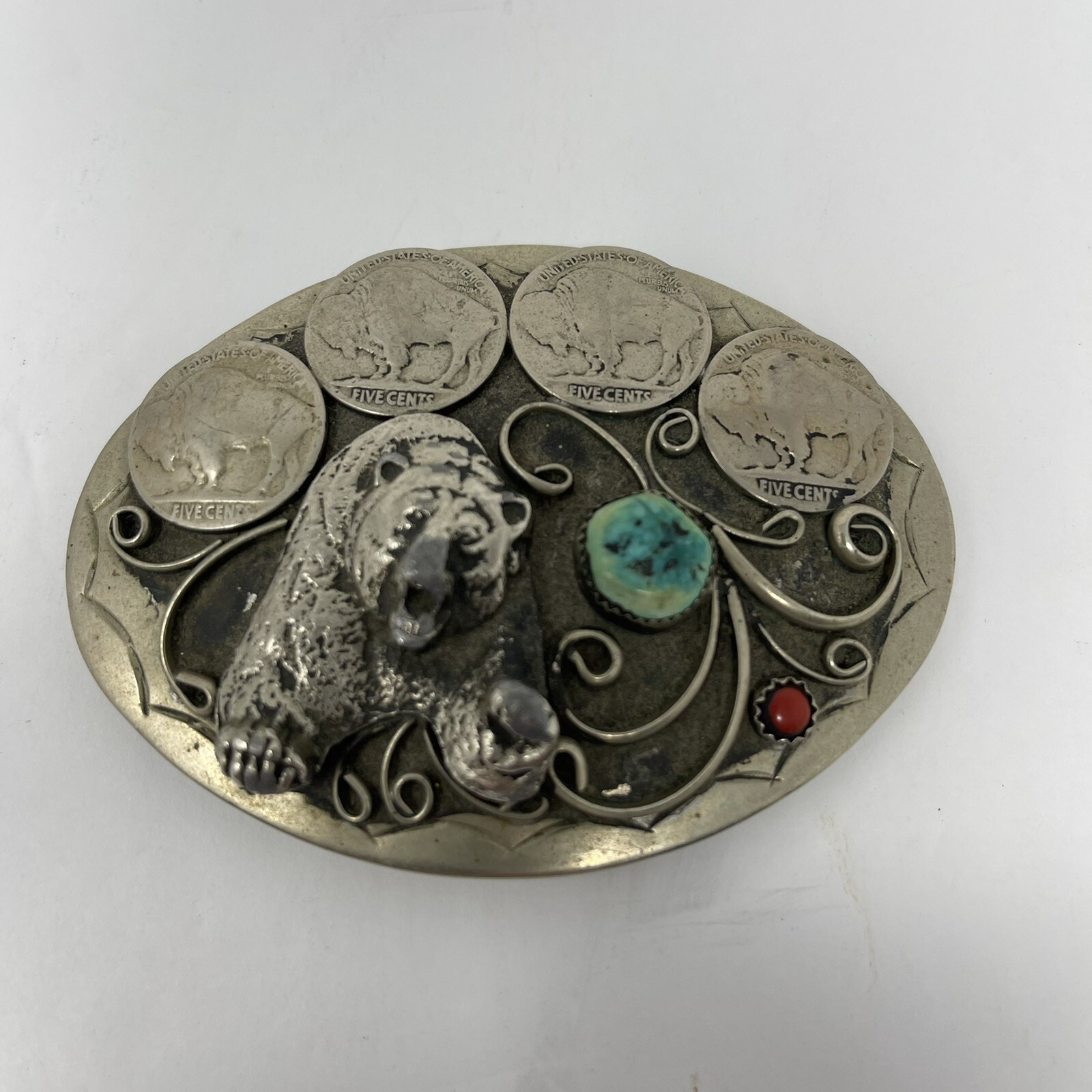 Vintage Bear Buffalo Nichols Belt Buckle Turquoise/Coral