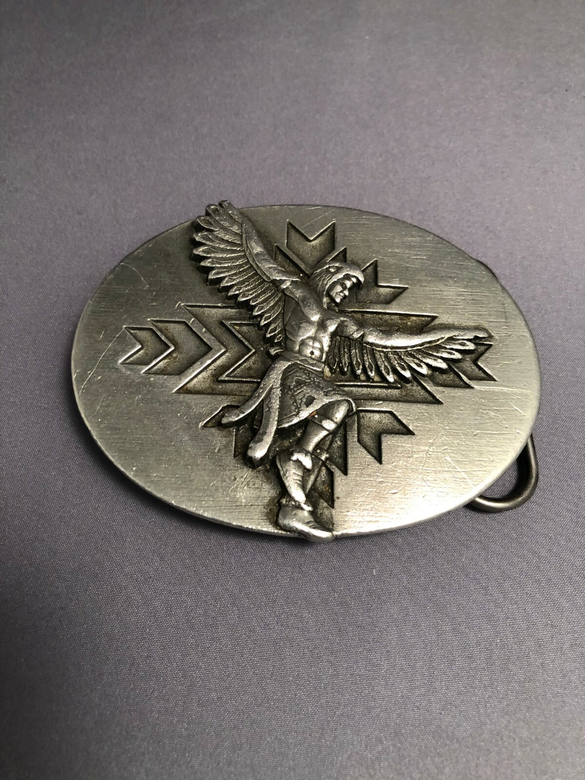 SOLID PEWTER SISKIYOU BELT BUCKLE – SOUTHWEST EAGLE FEATHER DANCER DESIGN