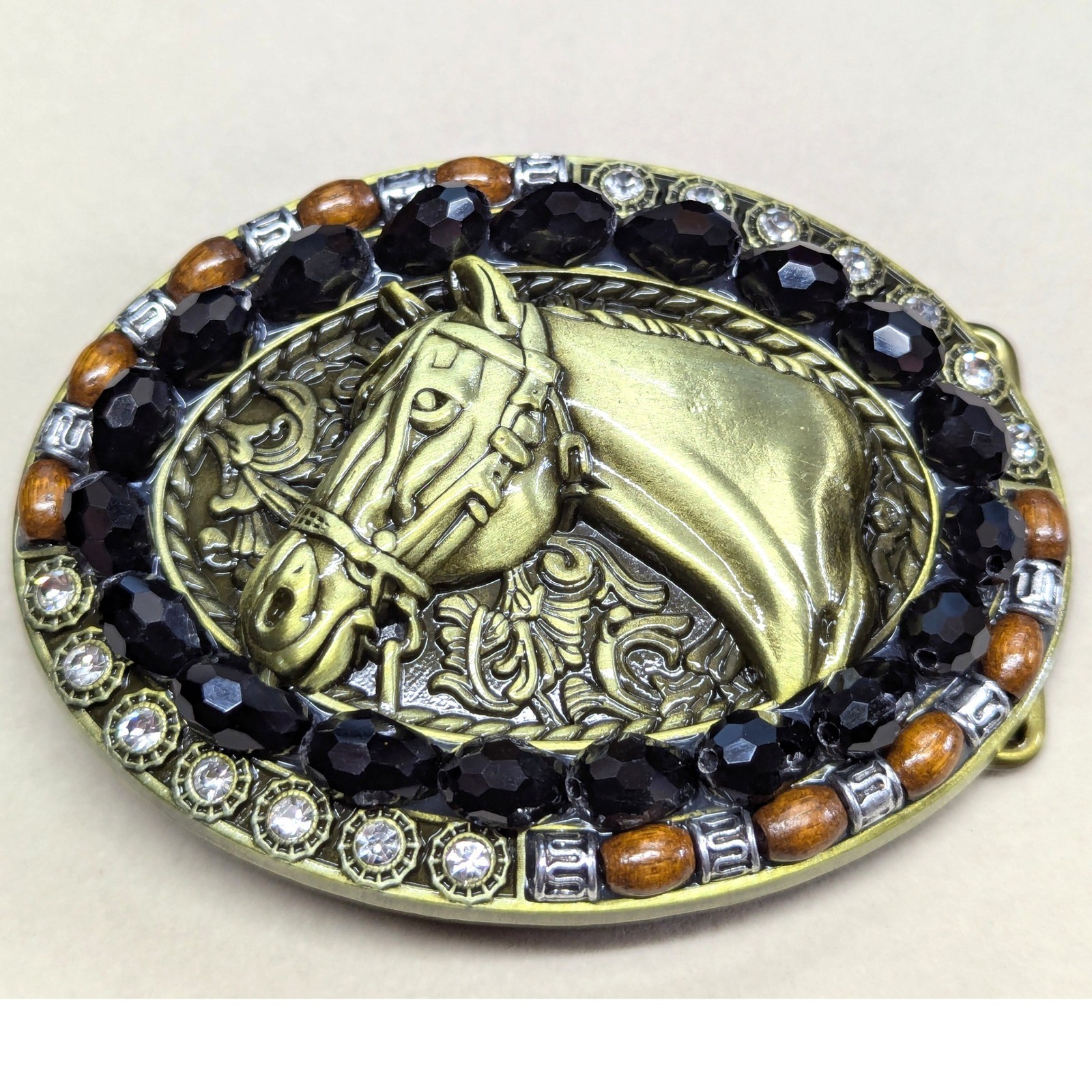 New Horse Head Belt Buckle Gold Tone Black Faceted Beads Clear Rhinestone Beaded