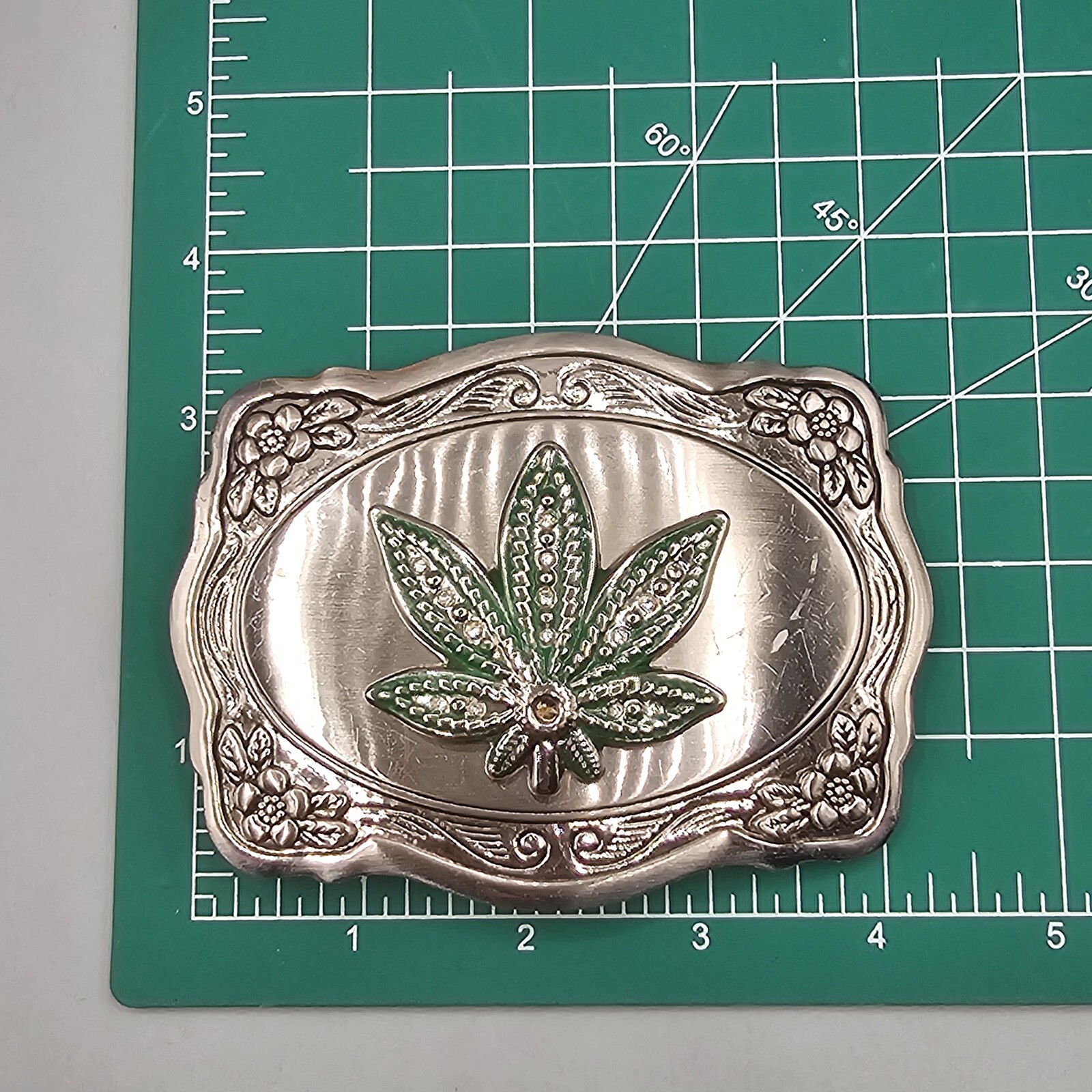 Marijuana Leaf Belt Buckle Mary Jane Pot Silver Tone Green Enamel Oversized