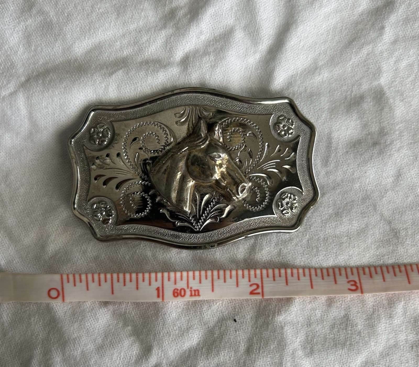Silver Western Horse Head Floral Engraved Belt Buckle Mens Fits 1.5in