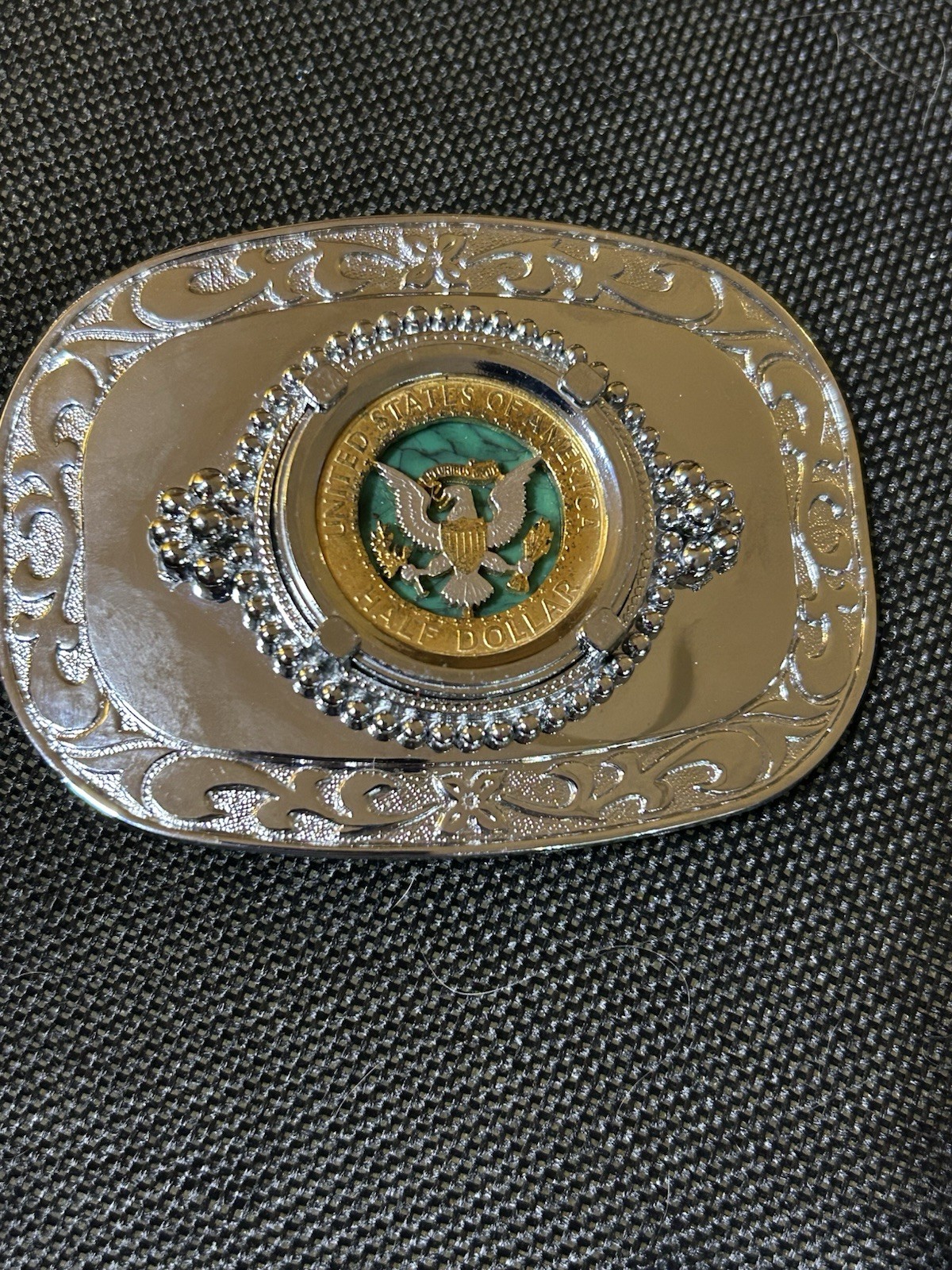 Silvertone Metal 4&Prime;x3&Prime; Buckle Features Coin Cut Kennedy Half Dollar (Back Side)