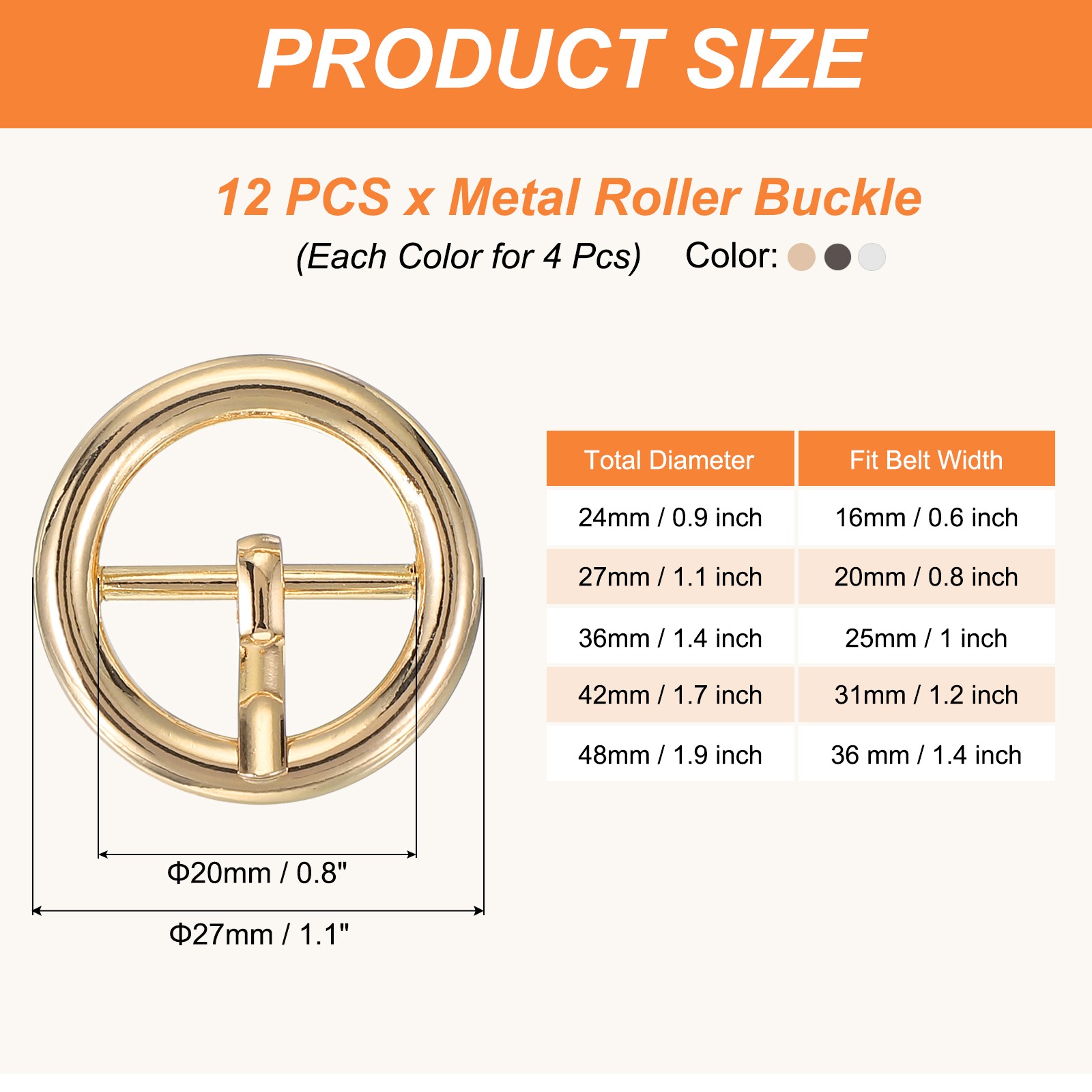 12Pcs 0.8&Prime; Single Prong Belt Buckle Metal Roller Buckle Black/Silver/Light Gold
