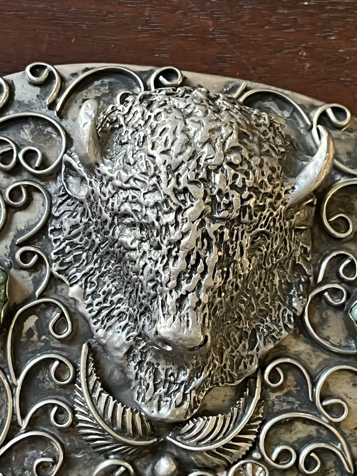 Vintage Sterling Signed Gomez Belt Buckle – Buffalo Turquoise/Coral