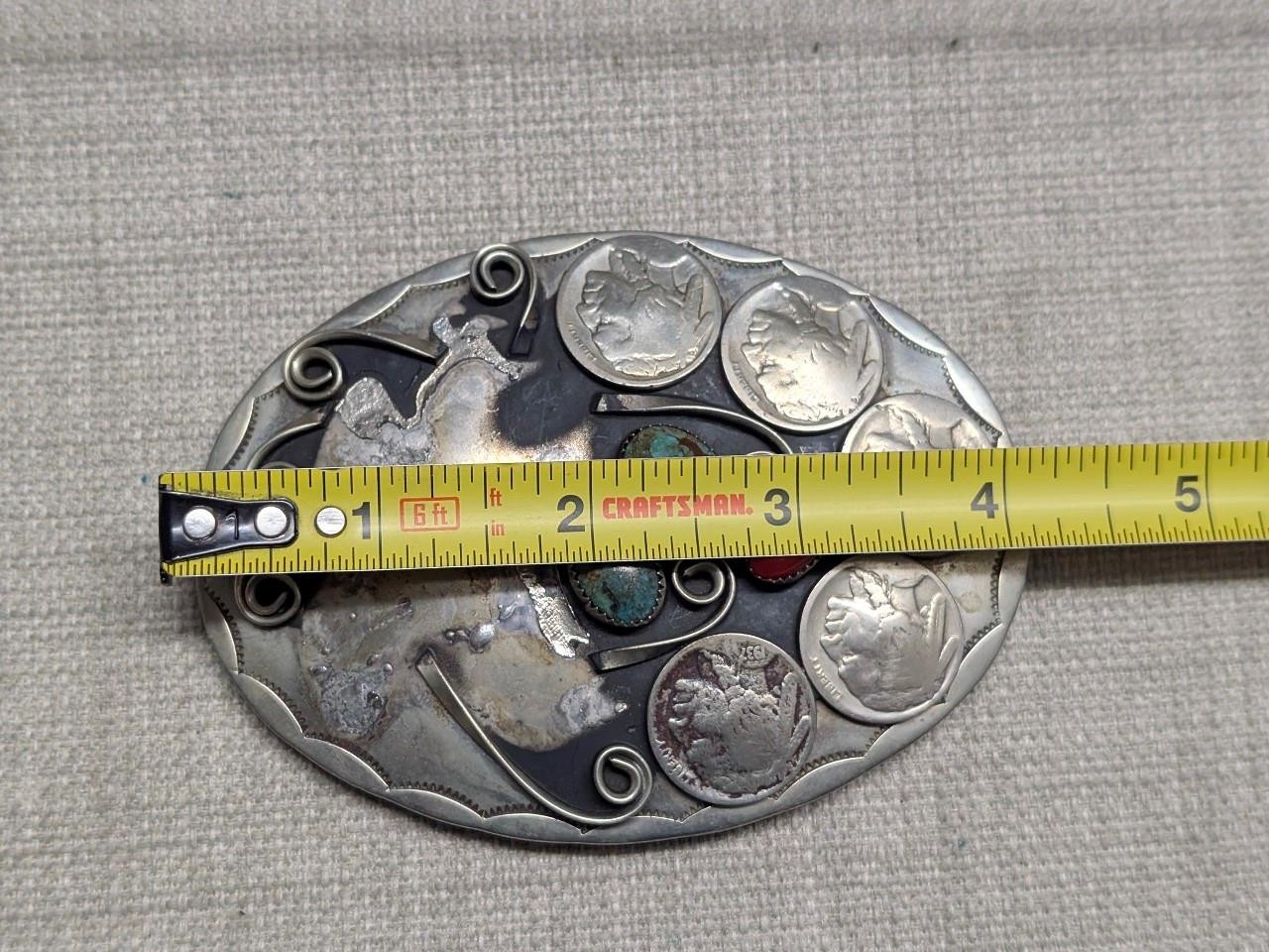 vintage HANDCRAFTED belt buckle INDIAN HEAD native american TURQUOISE nickel