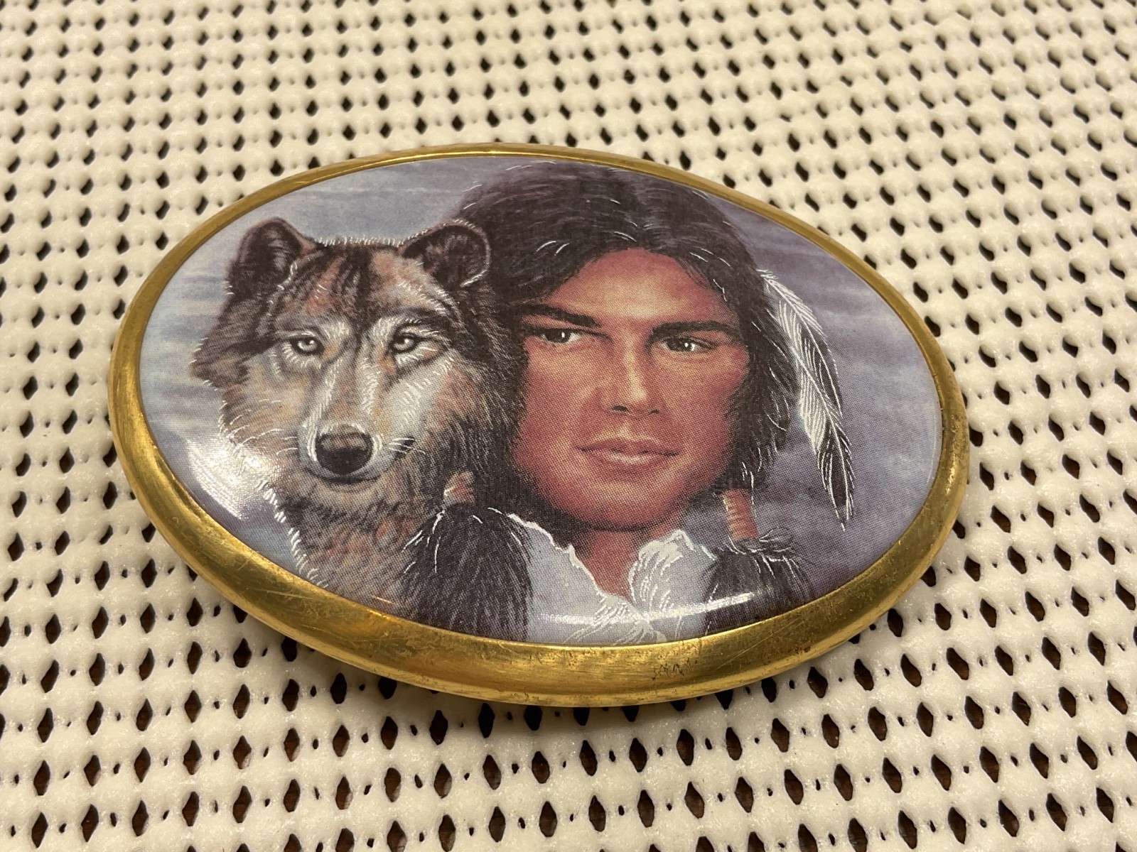 Vintage Belt Buckle – Native American and Wolf Handmade 3” Long