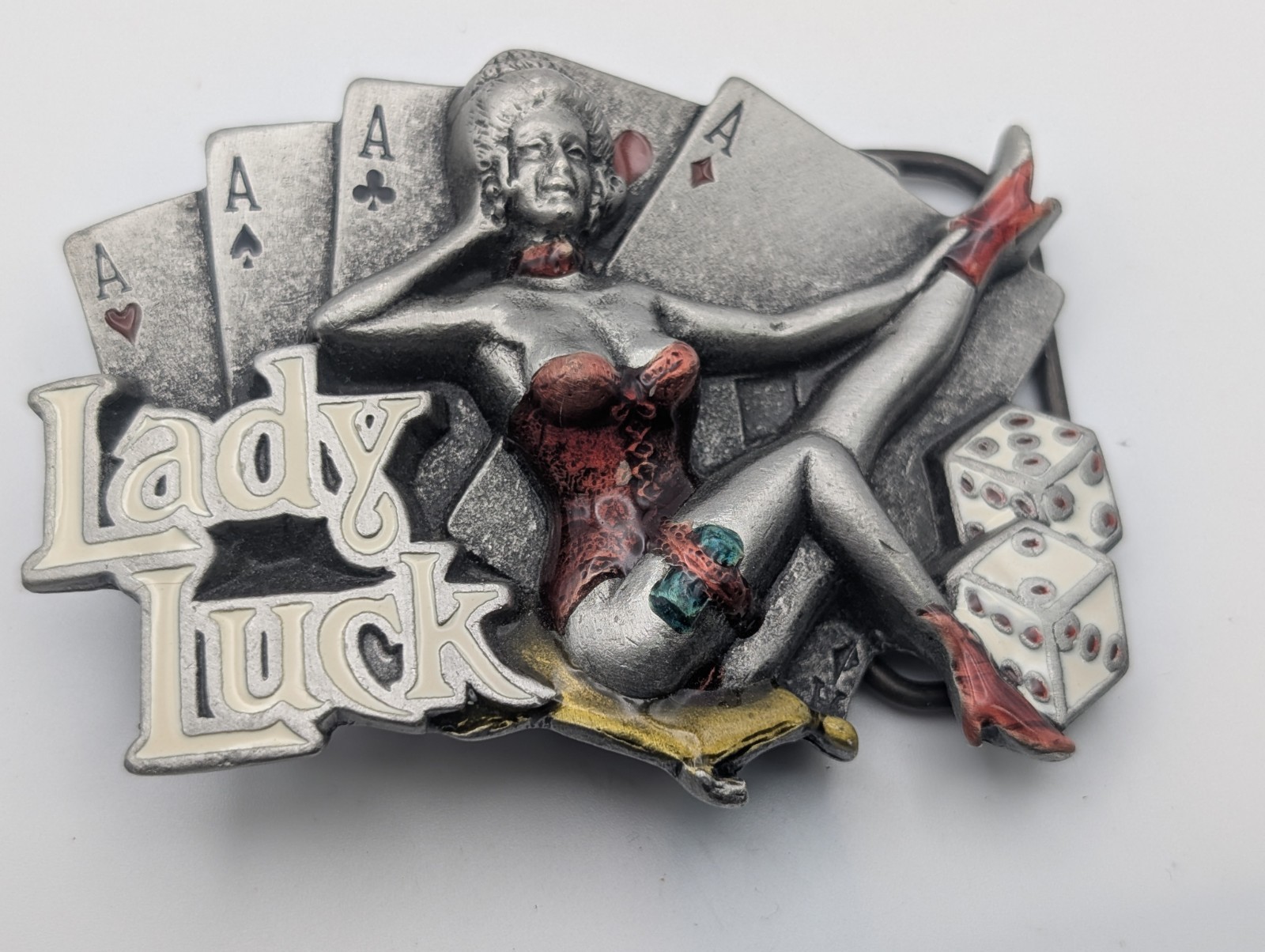 Vintage 1991 Lady Luck Belt Buckle – Dragon Designs Pewter Pin-Up Gambler DD109