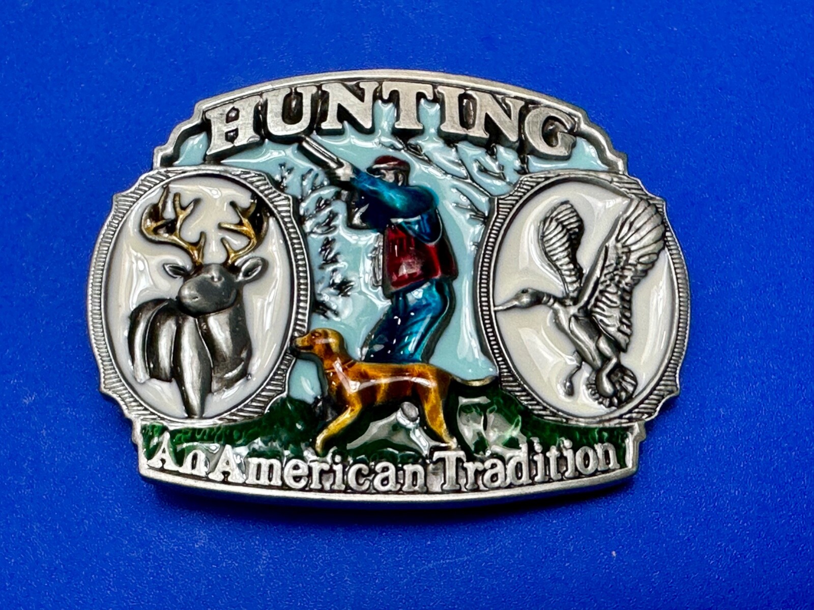 Hunting An American Tradition Vintage Belt Buckle Deer Duck Dog Colorful USA