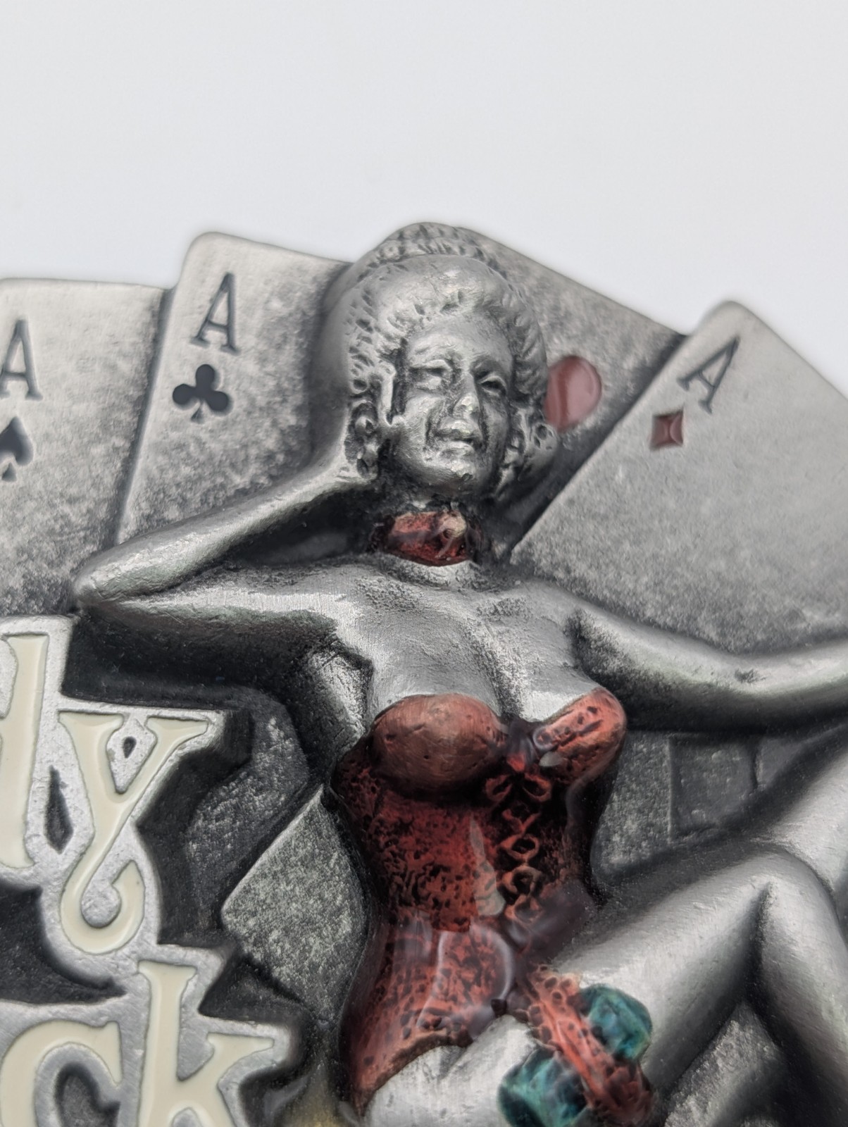 Vintage 1991 Lady Luck Belt Buckle – Dragon Designs Pewter Pin-Up Gambler DD109