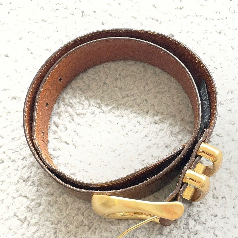 VTG Brighton Leather Belt Size M Brown Gold Buckle USA Made Chunky Double Keeper
