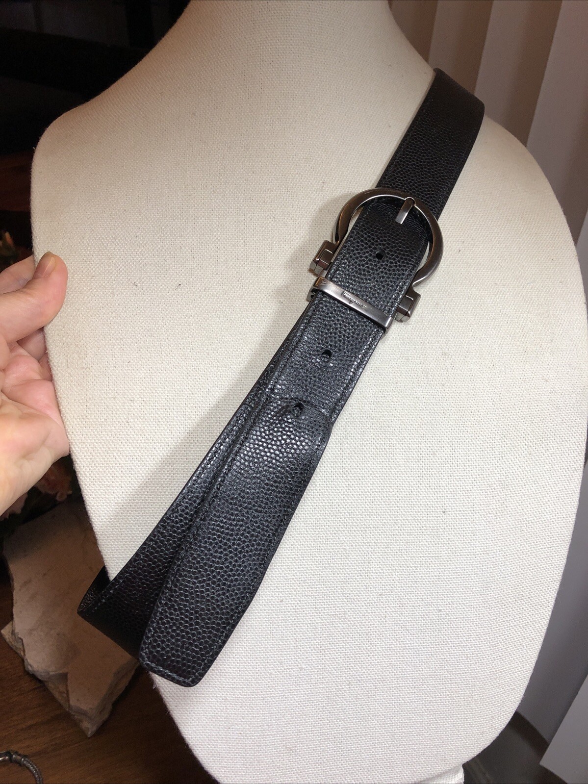 Salvatore Ferragamo Gun Metal tone Buckle black Brown leather removable belt