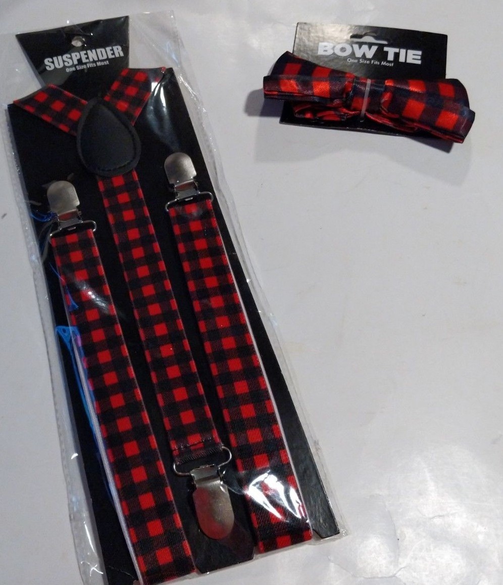 New Red Checked SUSPENDERS And BOW TIE Spiff Up Your Wardrobe With Matching Set