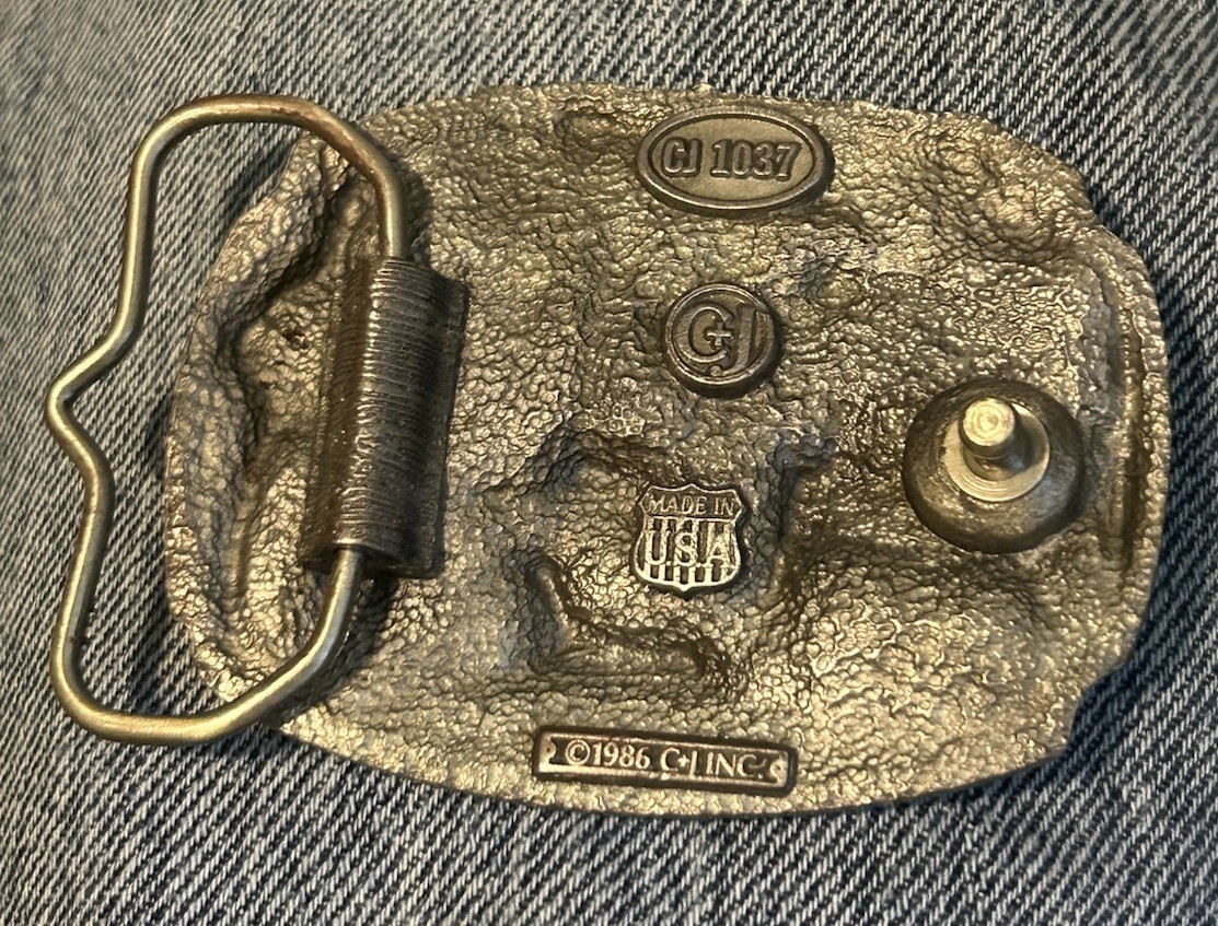 Vintage 1986 C&J Enamel Family Farm Scene Pewter Belt Buckle American Tradition