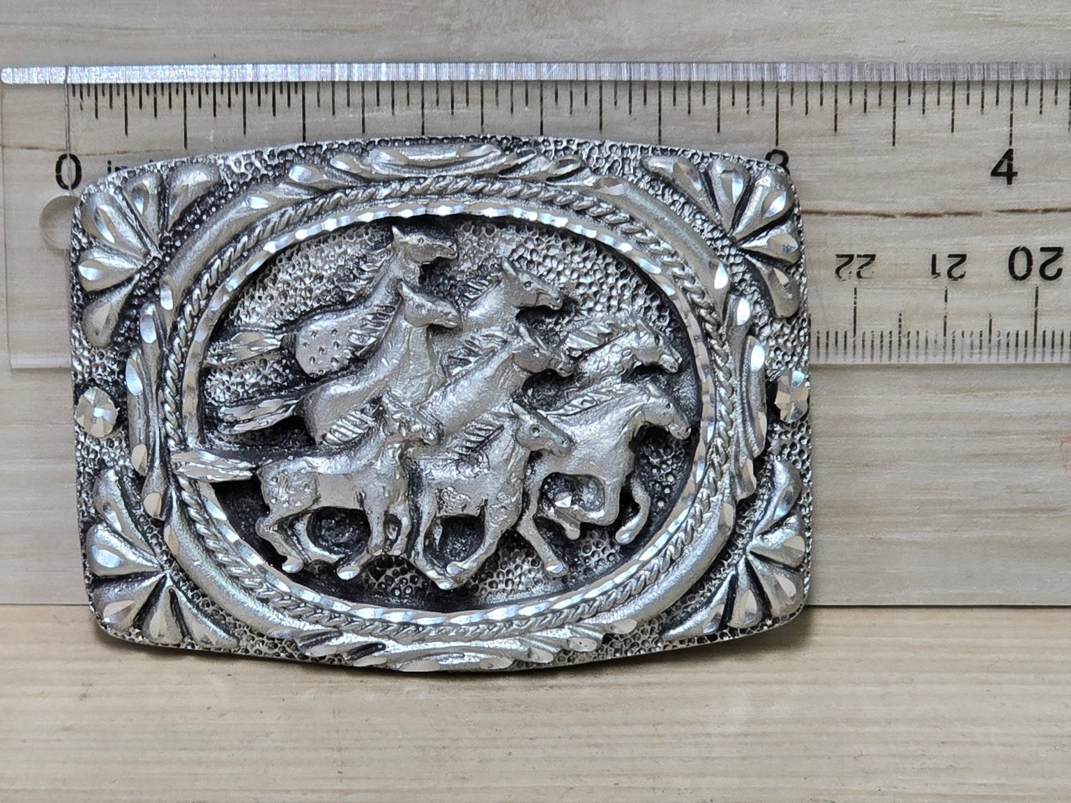Vintage EAG Silver Tone Belt Buckle Western Horses Equestrian Engraved