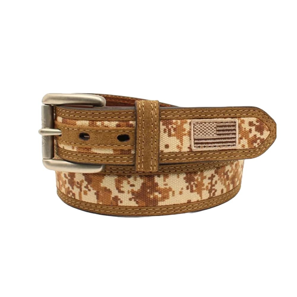 ARIAT Men&rsquo;s Camo Leather Belt with USA Flag Patches and 44, Medium Brown