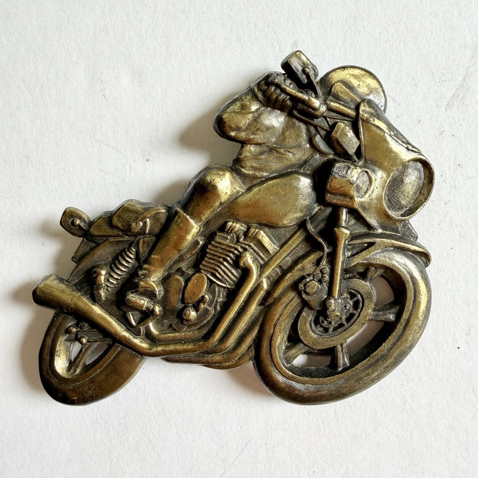 Vintage Brass Motorcycle & Rider Belt Buckle, Biker