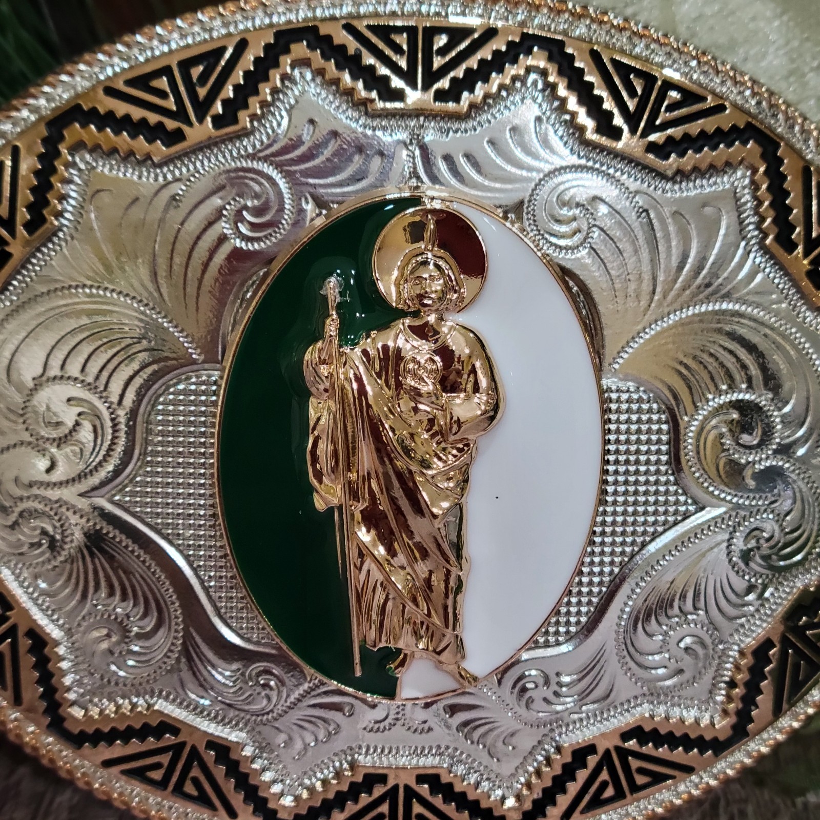 Saint jude San Judas Western belt Buckle Rose Tone And Silver Oval