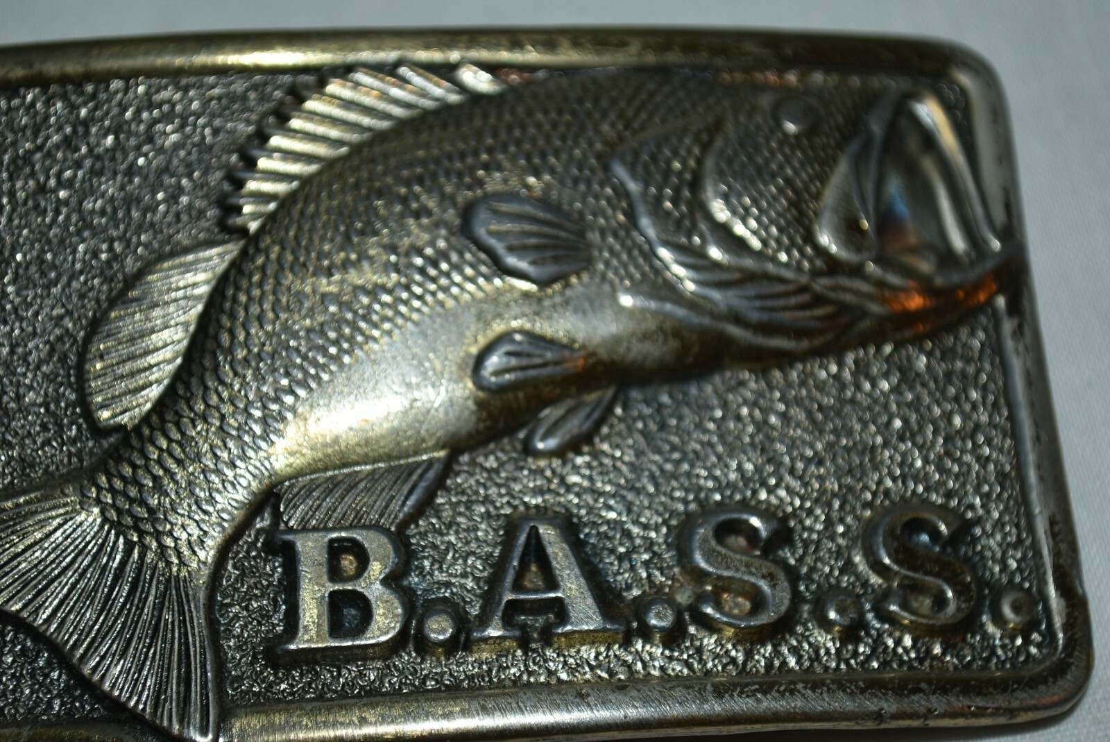 SOLID Brass Bass Anglers Sportsman Society BASS Jumping BELT BUCKLE EUC