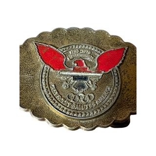 R.J. Roberts Chevrolet Co. Belt Buckle Eagle Olympic Rings Brass Red Enamel