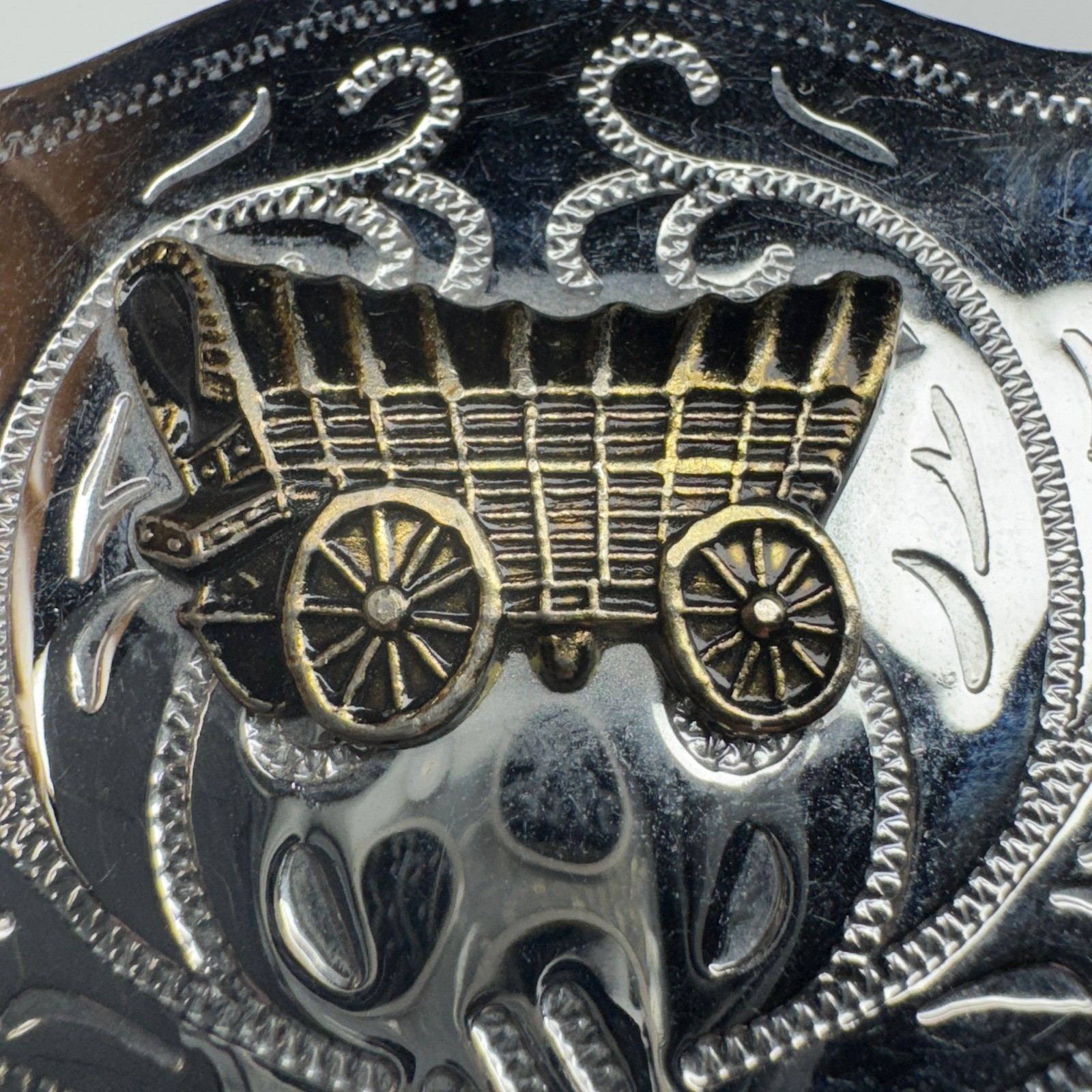 Western Covered Wagon Belt Buckle Ornate Silver Tone Western Style