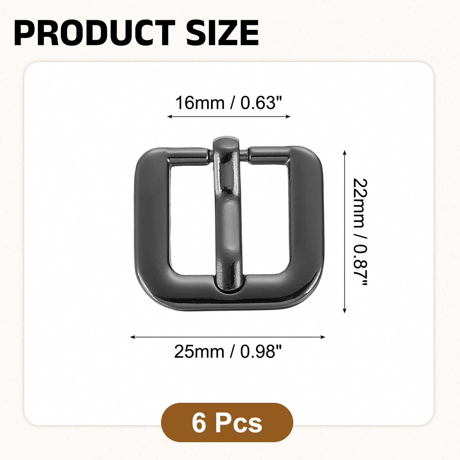 Metal Roller Buckle, 6Pcs 0.63&Prime; Square Single Prong Belt Buckle, Metallic Black