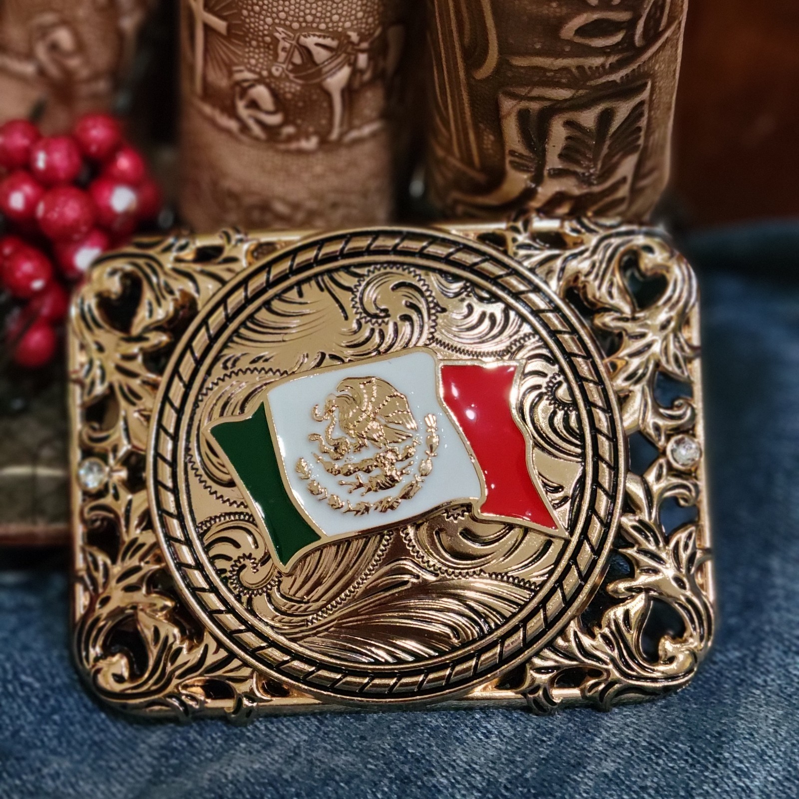 Mexican Flag Western Cowboy Belt Buckle Hebilla Vaquera Rodeo Bandera De Mexico
