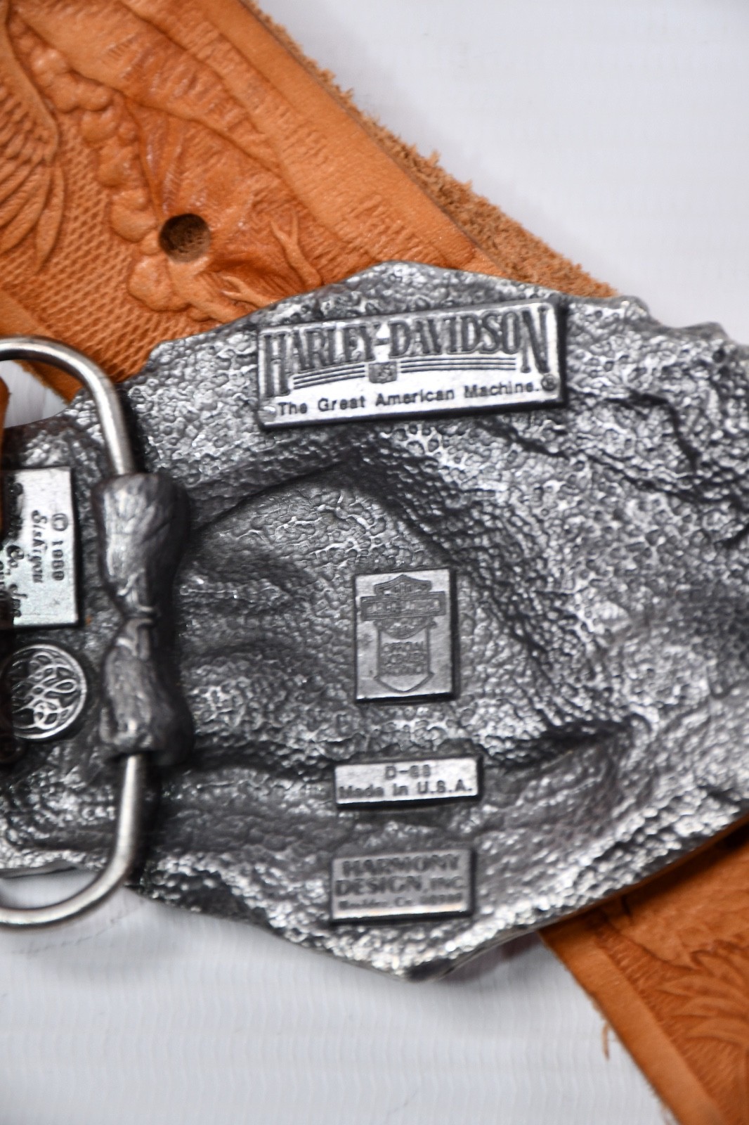 Vintage 80s Harley Davidson Belt Buckle Eagle Made in USA + Eagles Leather Belt