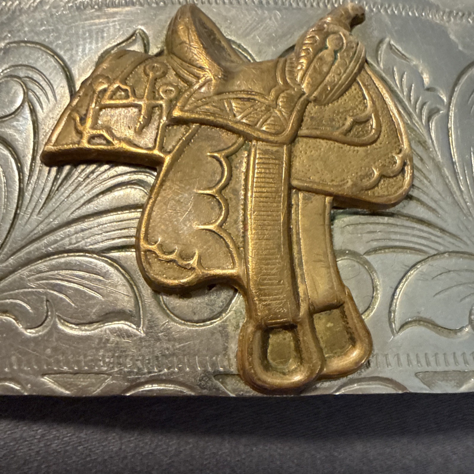 Vintage Rockmount Denver Colorado Nickel Silver Horse Saddle Western Belt Buckle