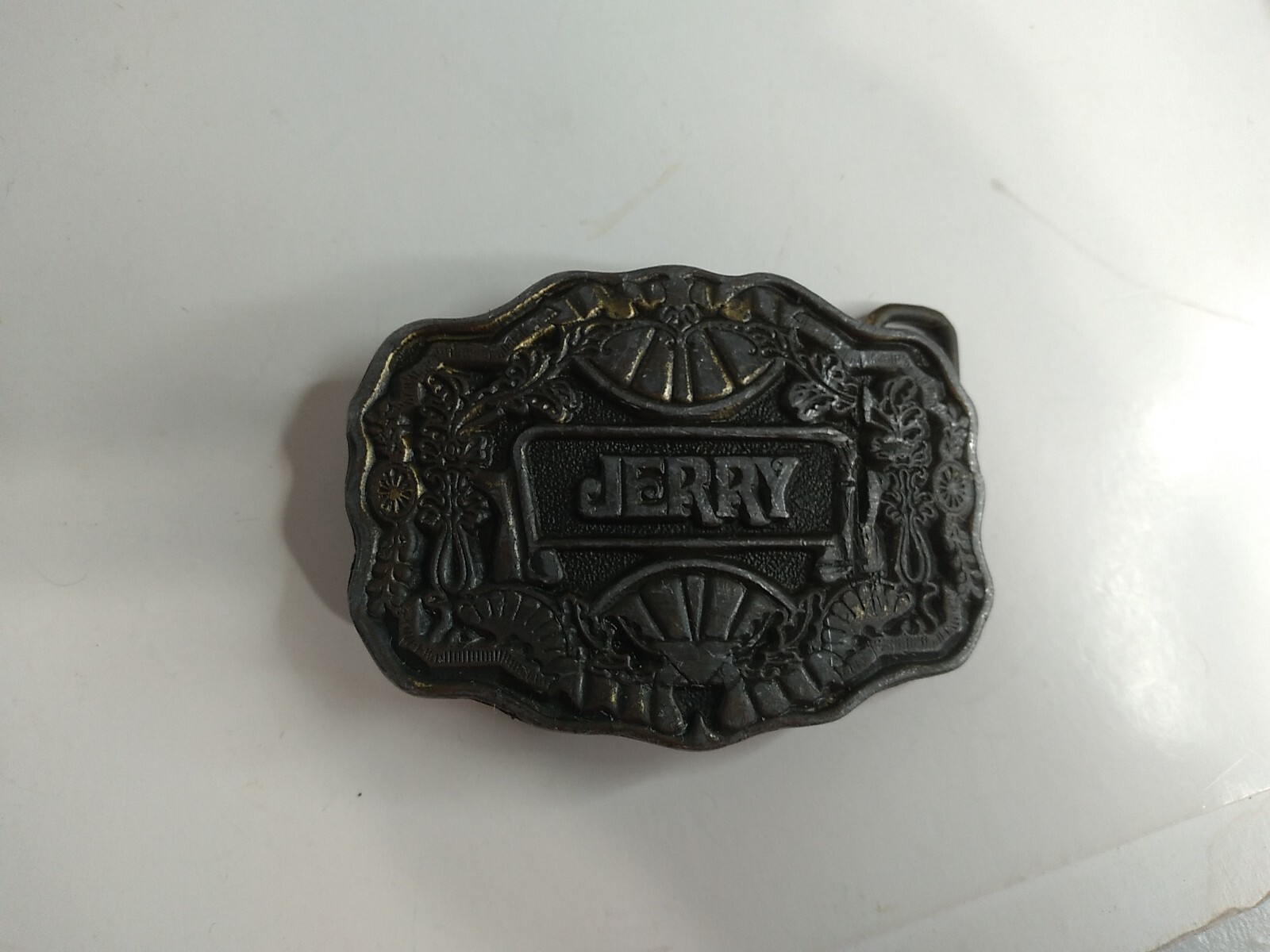 Vtg Oden NC Brass Belt Buckle 70s Name JERRY Personalized Ornate