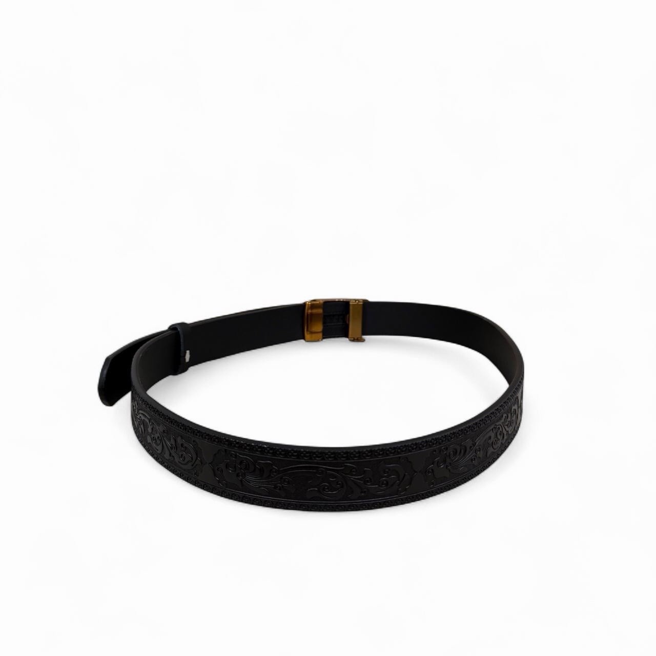 Black Embossed Tiger Buckle Belt Gold Statement Buckle